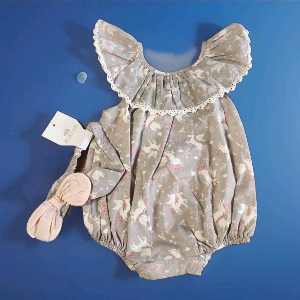 NWT Dylan & Abby Baby Bubble Romper W/ Matching Bow Headband Size 6-9 Months